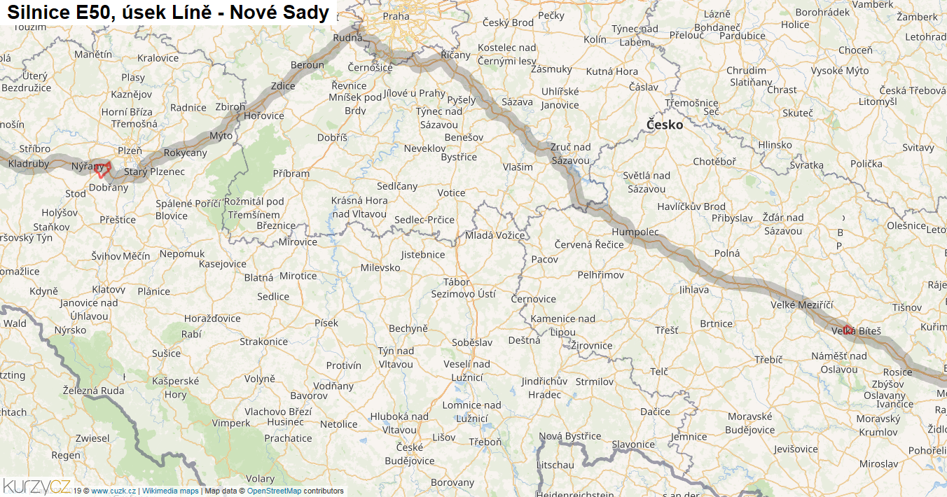 Úsek Líně - Nové Sady, Silnice E50 - Mapa
