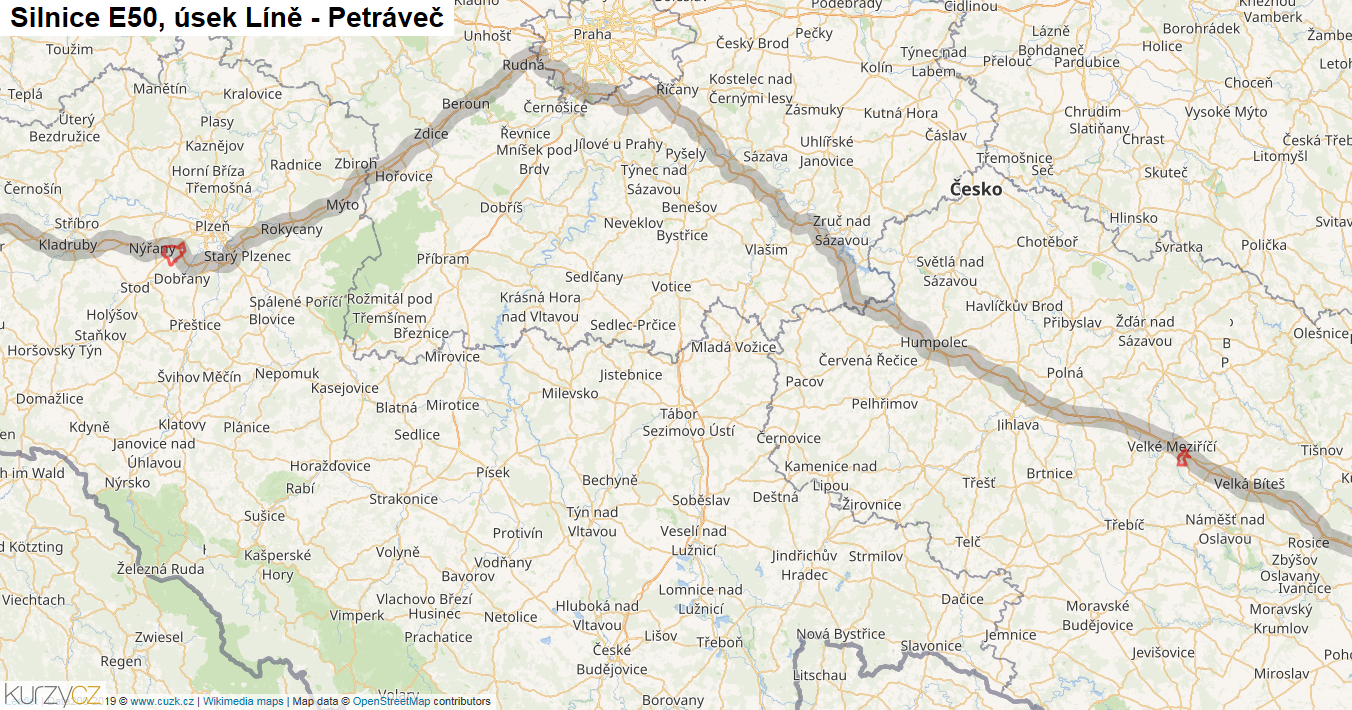Úsek Líně - Petráveč, Silnice E50 - Mapa
