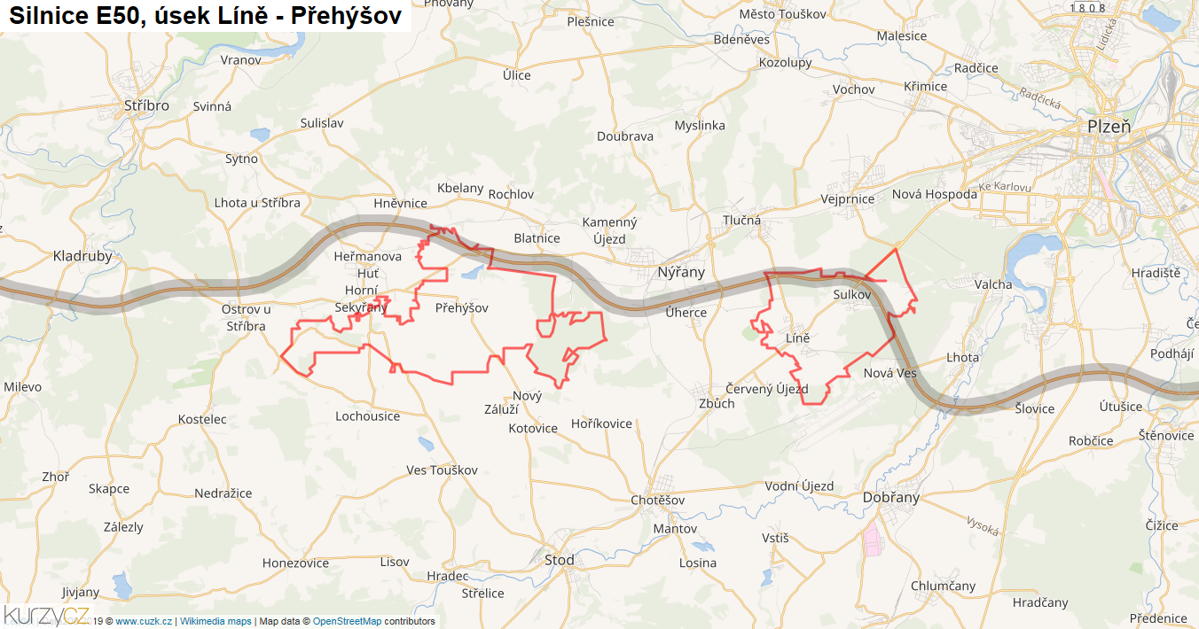 Úsek Líně - Přehýšov, Silnice E50 - Mapa