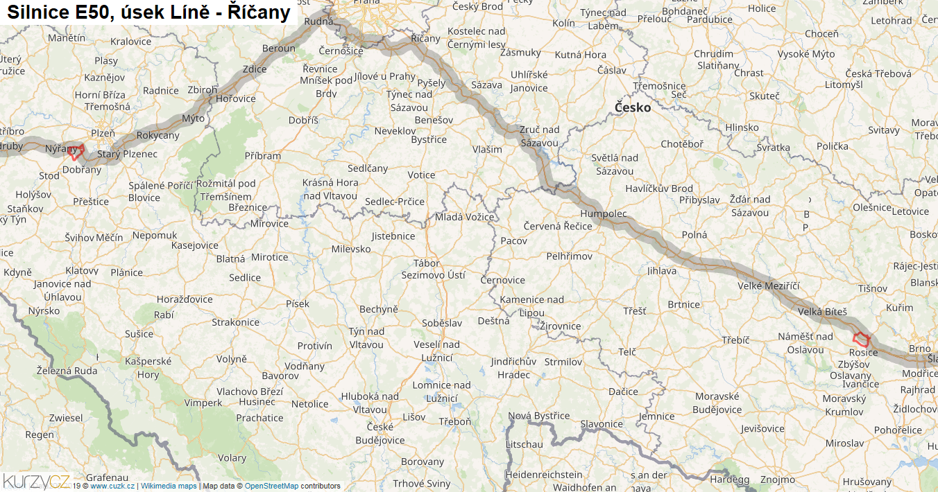 Úsek Líně - Říčany, Silnice E50 - Mapa
