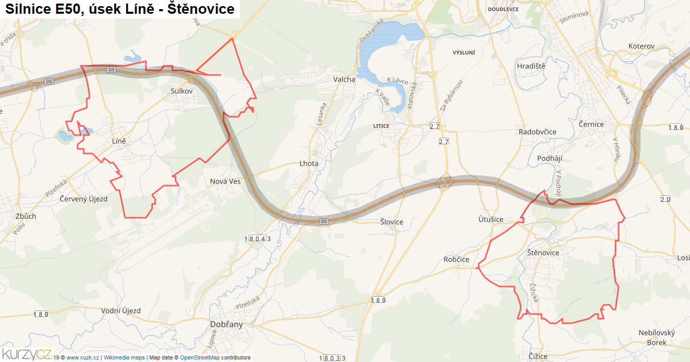Úsek Líně - Štěnovice, Silnice E50 - Mapa
