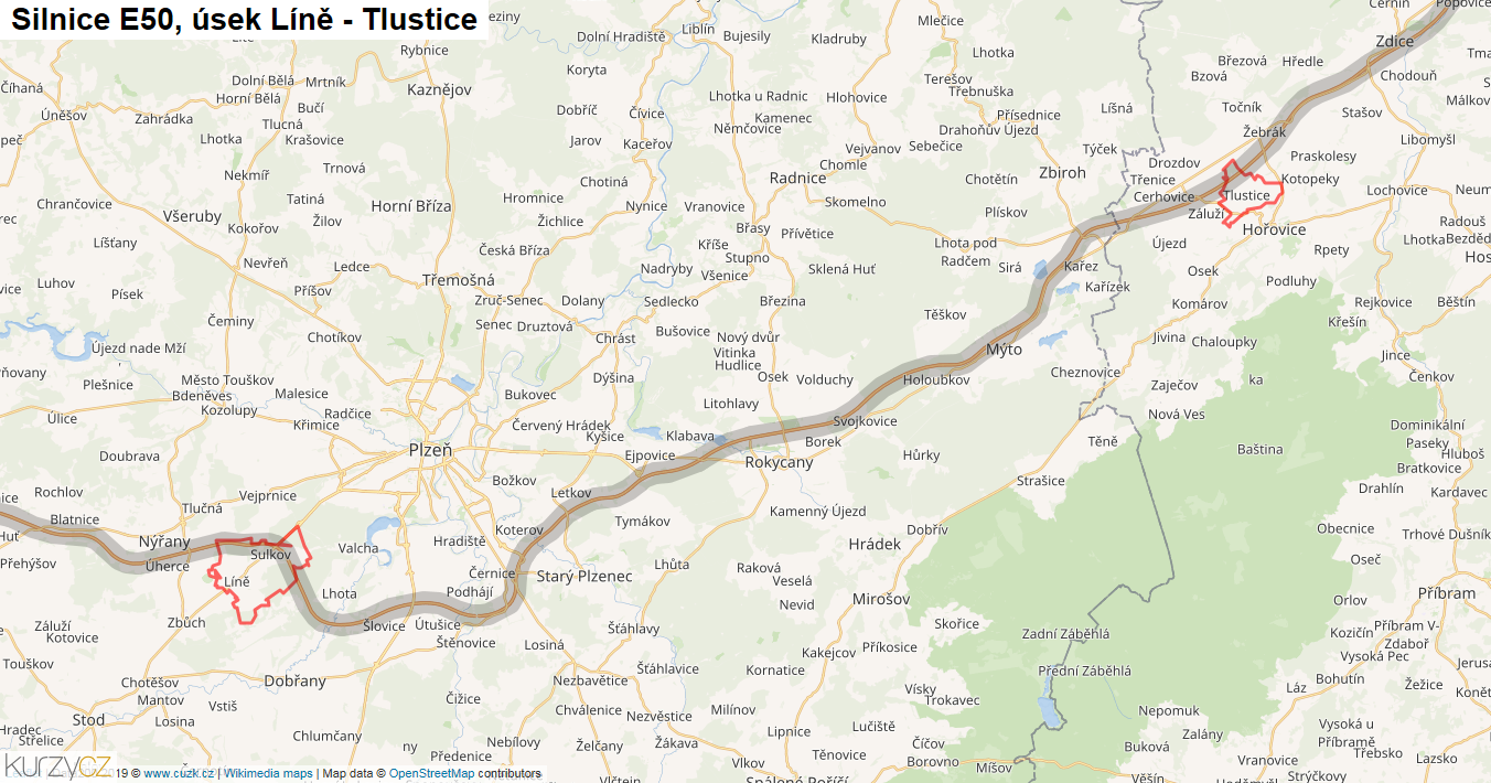 Úsek Líně - Tlustice, Silnice E50 - Mapa