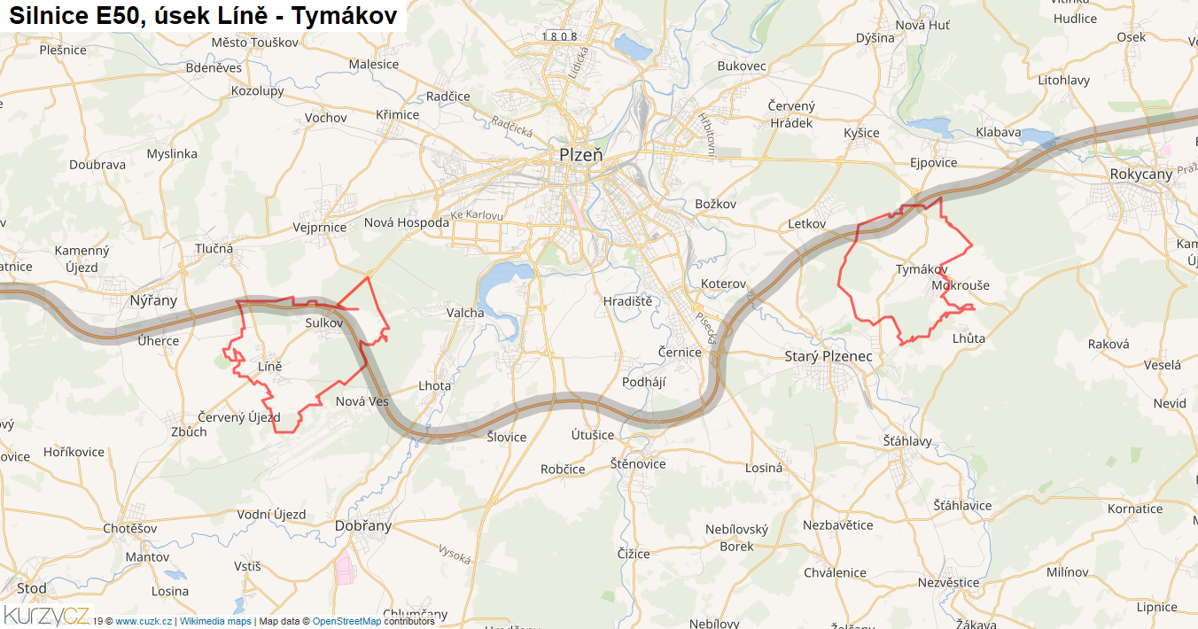 Úsek Líně - Tymákov, Silnice E50 - Mapa