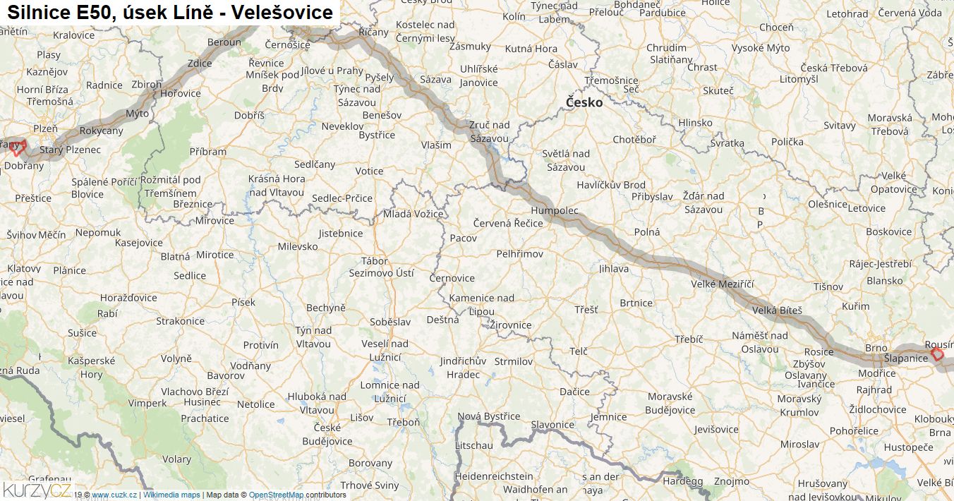 Úsek Líně - Velešovice, Silnice E50 - Mapa