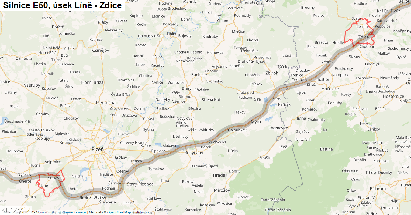 Úsek Líně - Zdice, Silnice E50 - Mapa