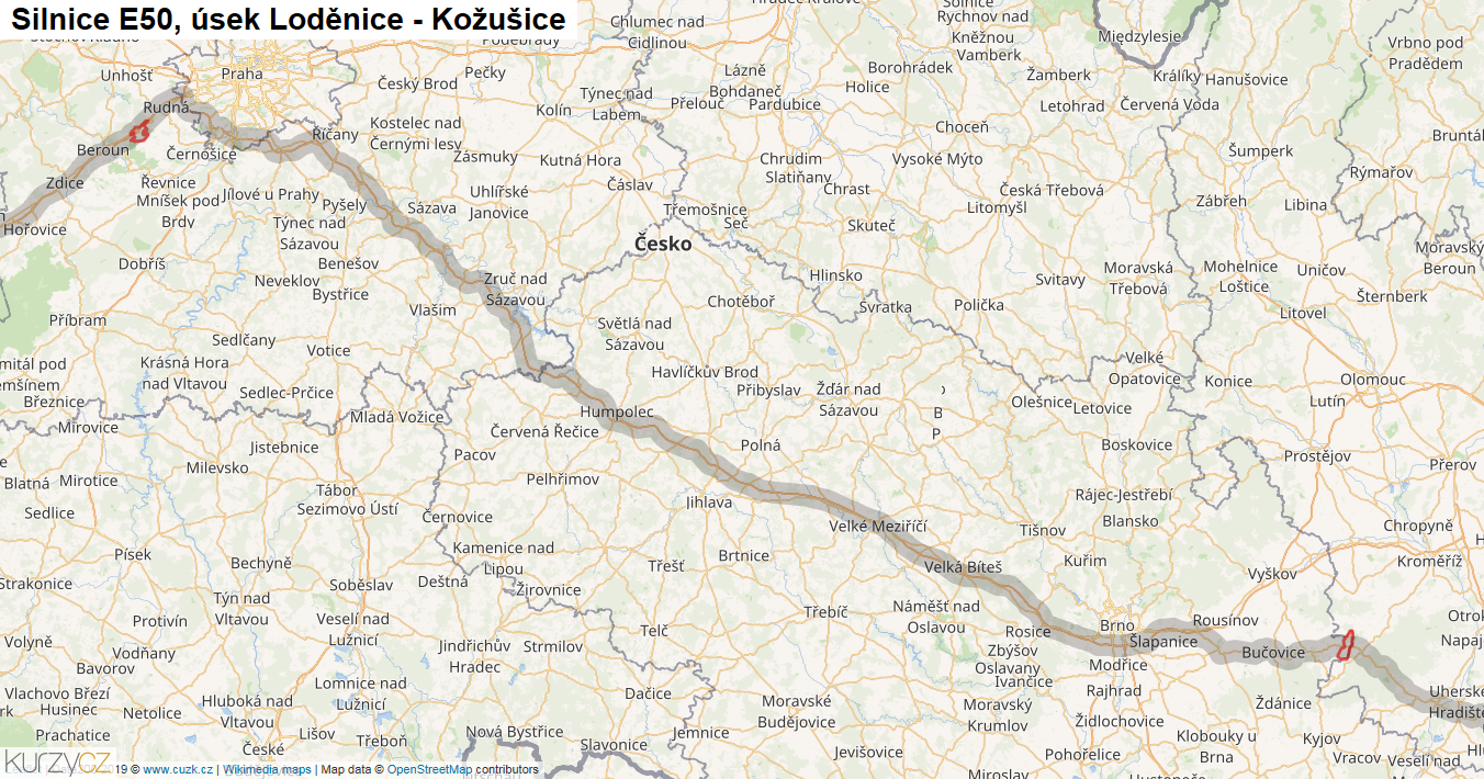Úsek Loděnice - Kožušice, Silnice E50 - Mapa