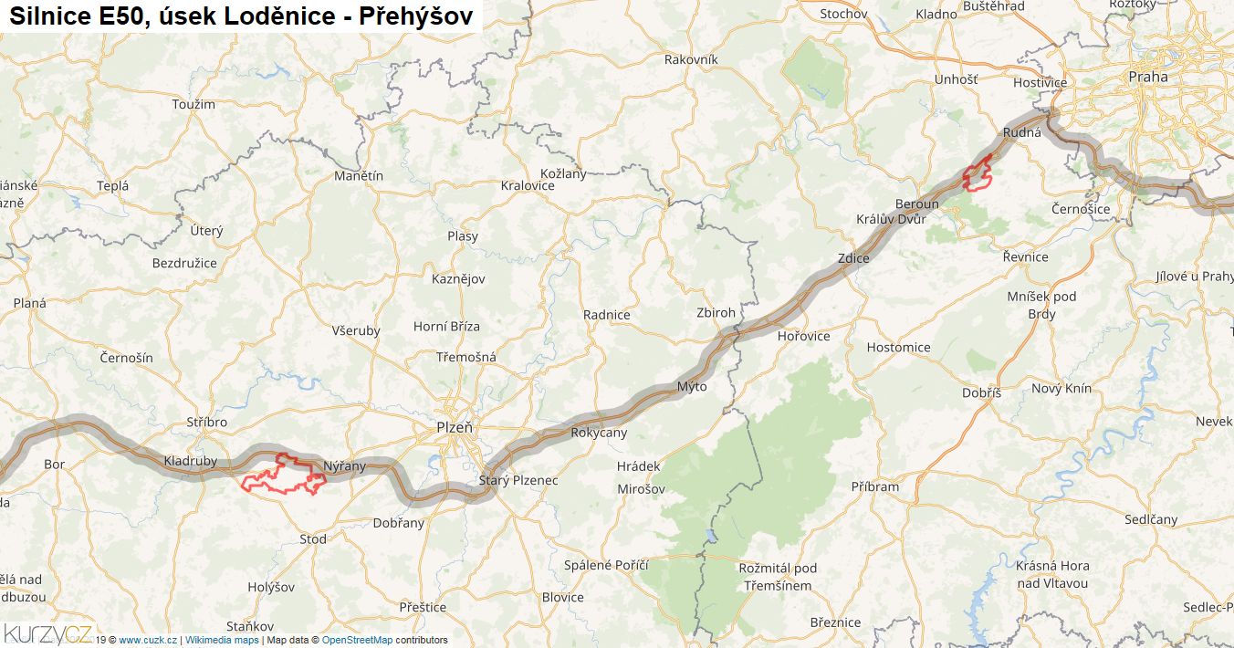 Úsek Loděnice - Přehýšov, Silnice E50 - Mapa
