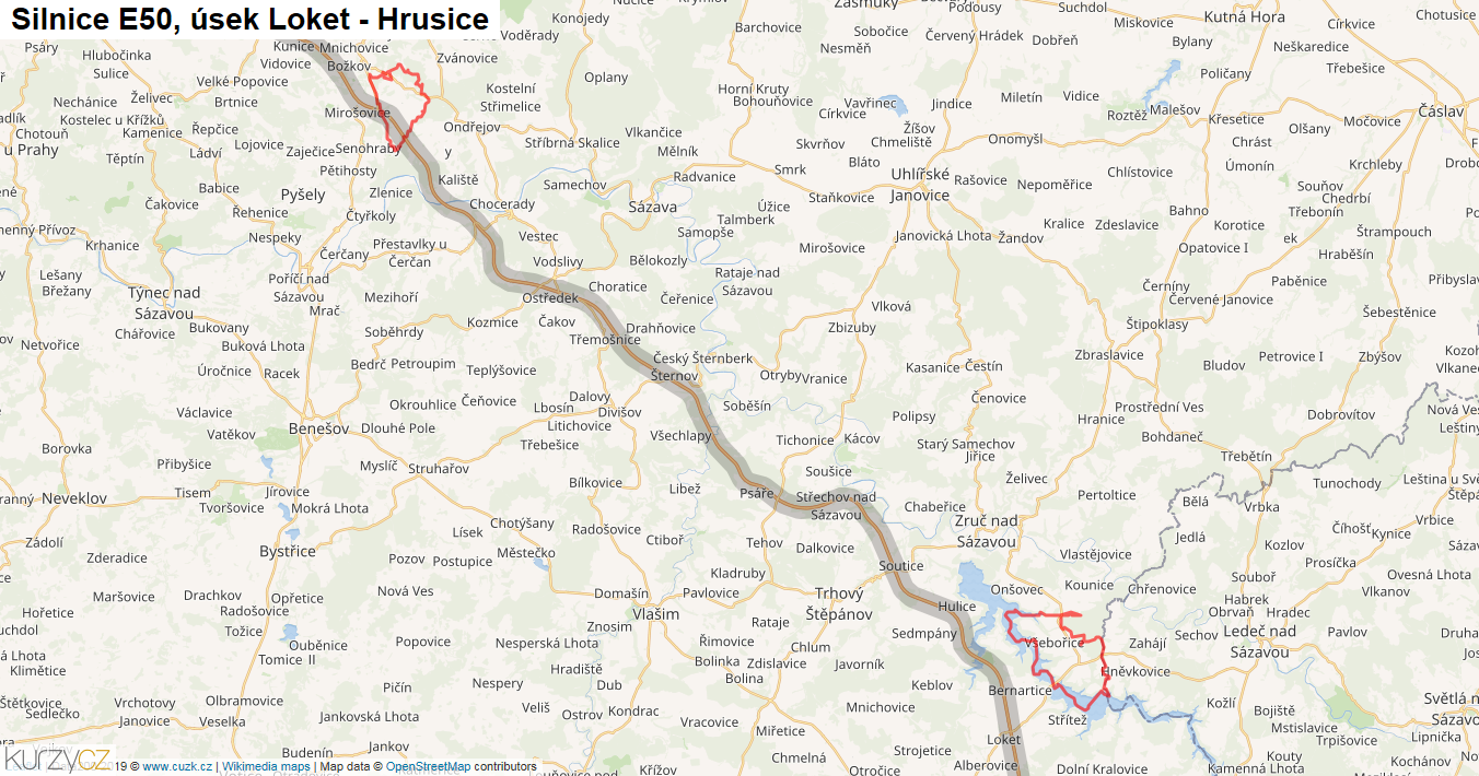 Úsek Loket - Hrusice, Silnice E50 - Mapa