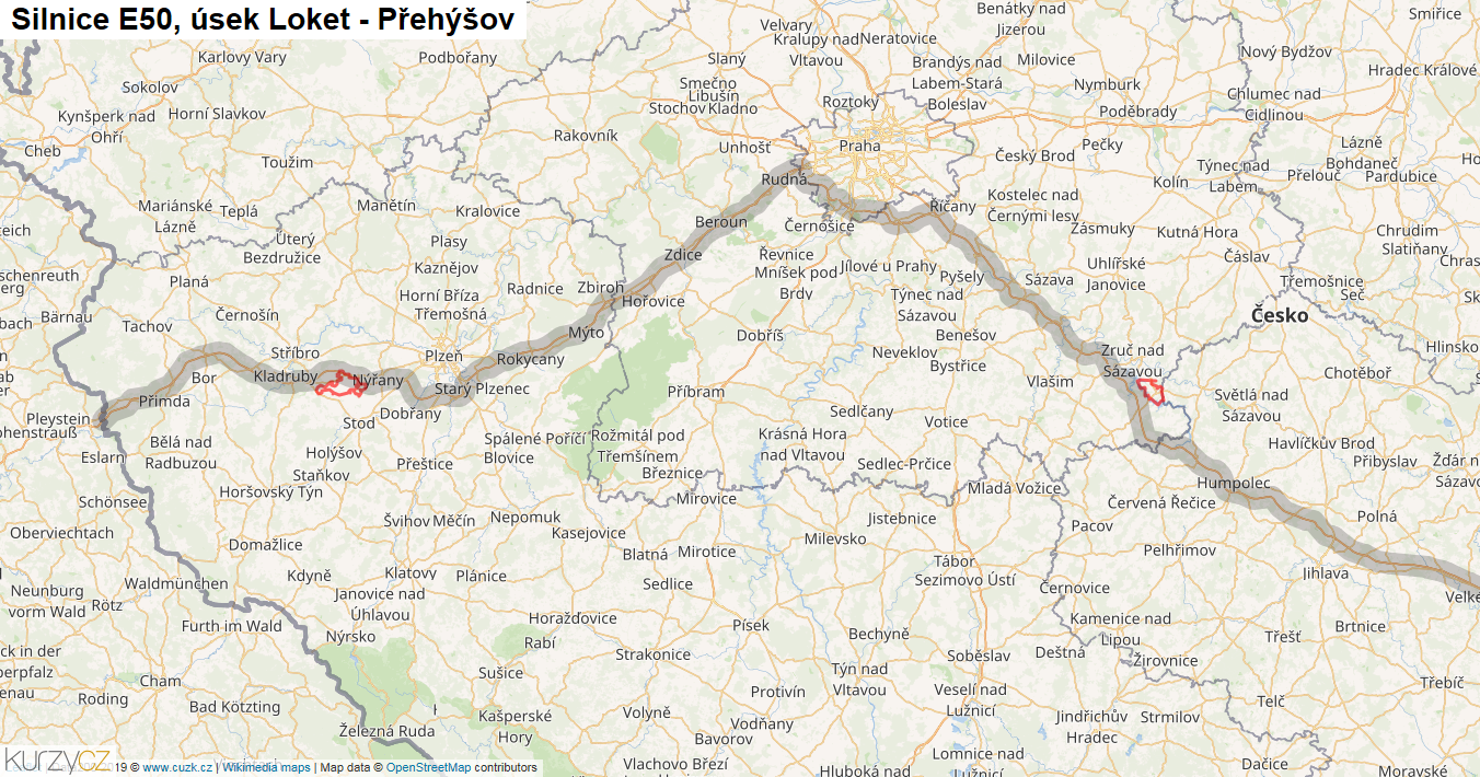 Úsek Loket - Přehýšov, Silnice E50 - Mapa