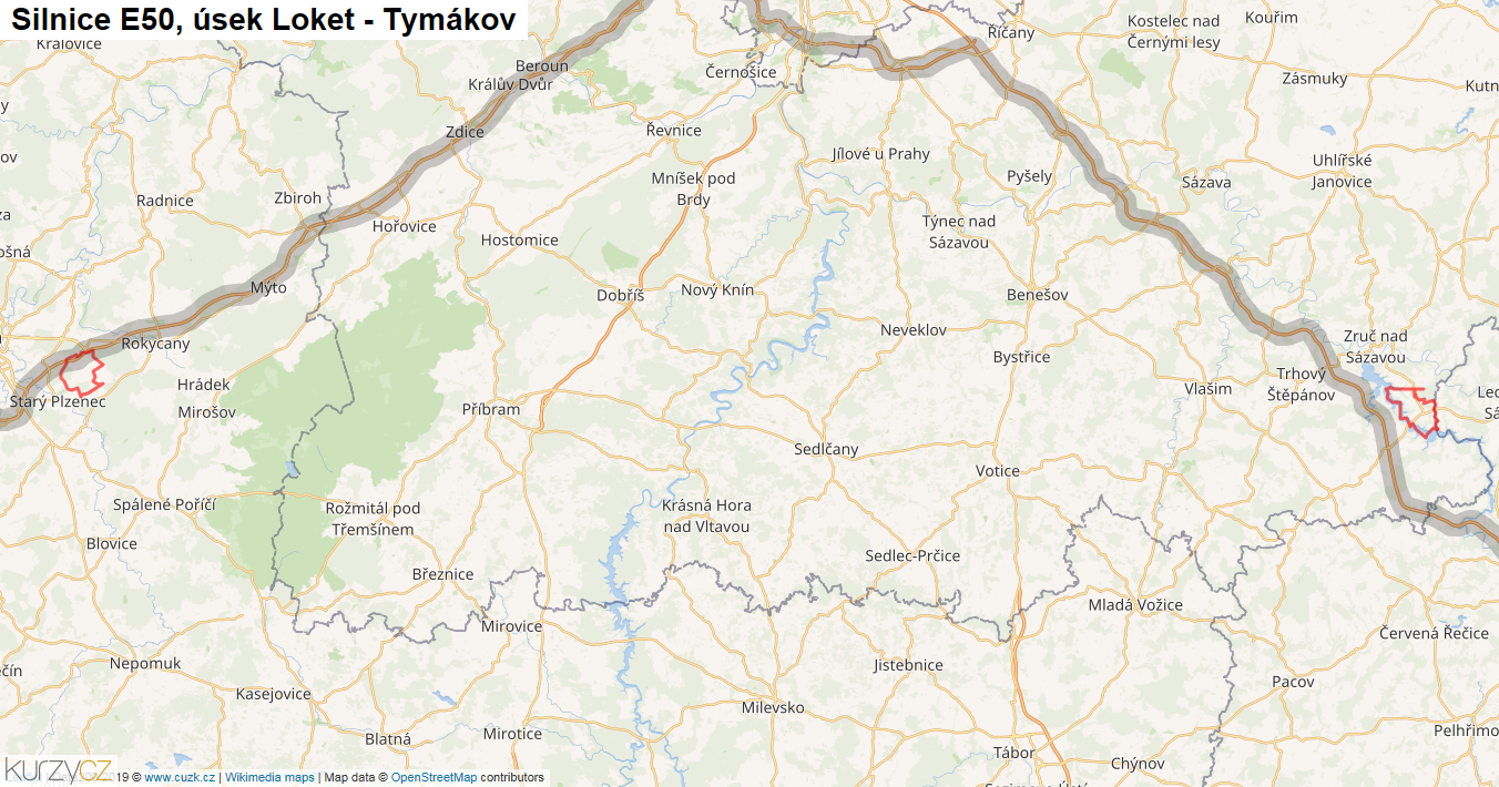 Úsek Loket - Tymákov, Silnice E50 - Mapa