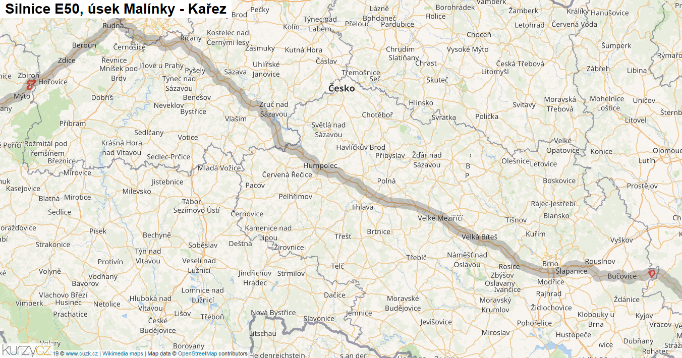 Úsek Malínky - Kařez, Silnice E50 - Mapa