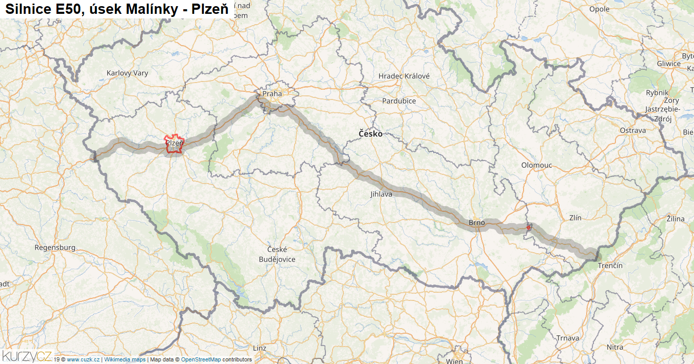 Úsek Malínky - Plzeň, Silnice E50 - Mapa