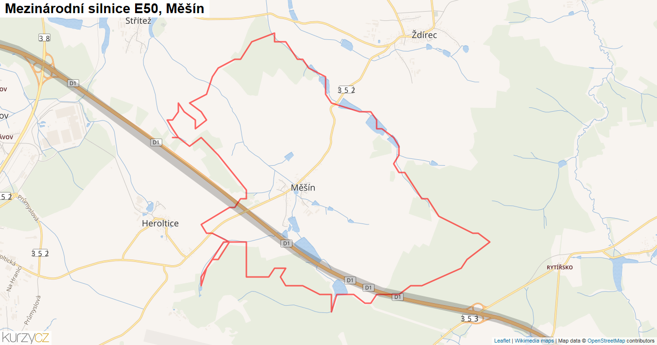 Měšín, Silnice E50 - Mapa