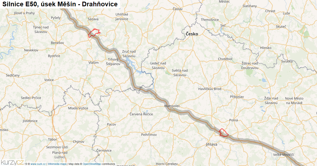 Úsek Měšín - Drahňovice, Silnice E50 - Mapa