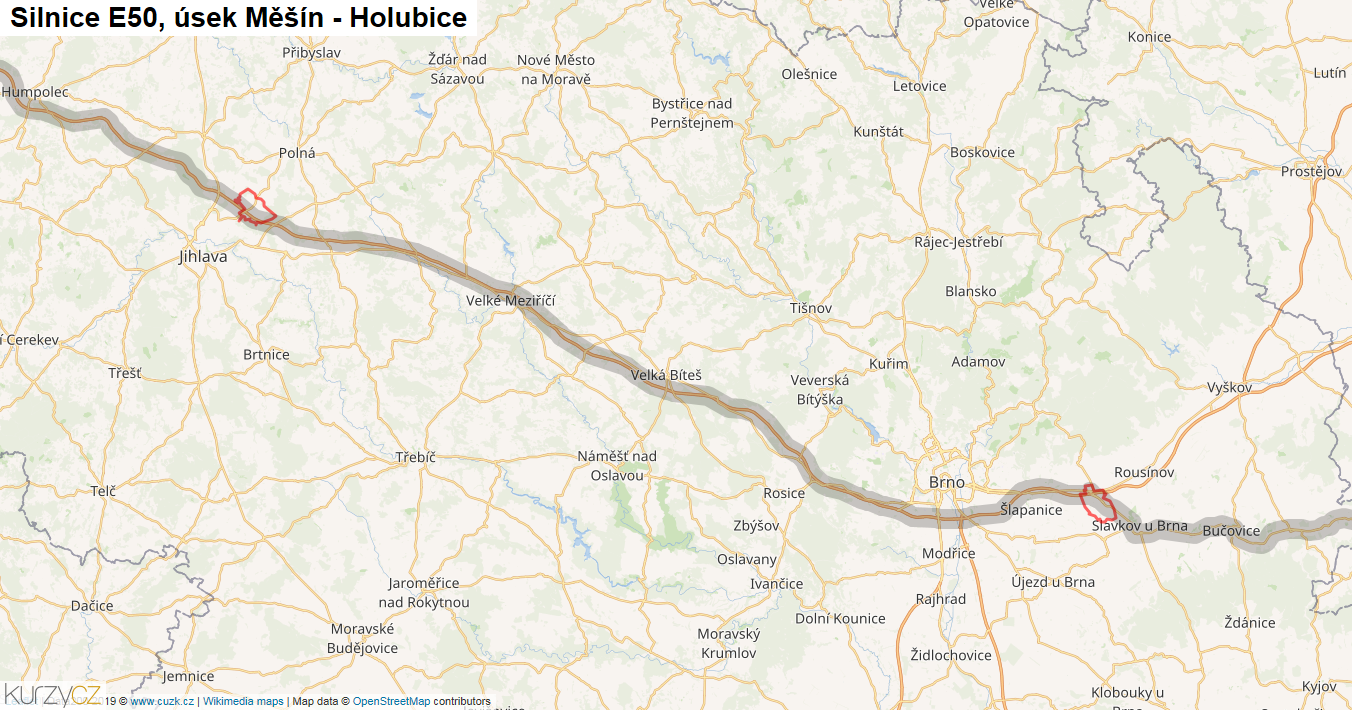 Úsek Měšín - Holubice, Silnice E50 - Mapa