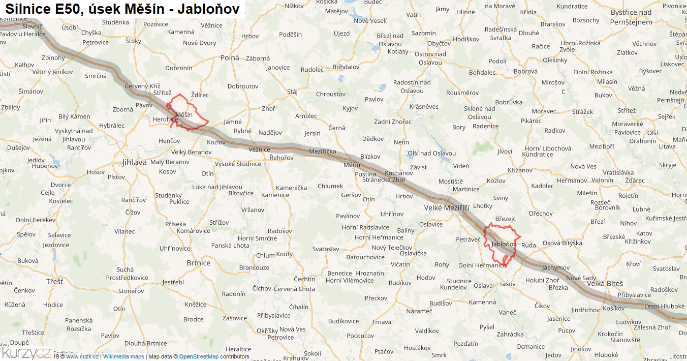 Úsek Měšín - Jabloňov, Silnice E50 - Mapa