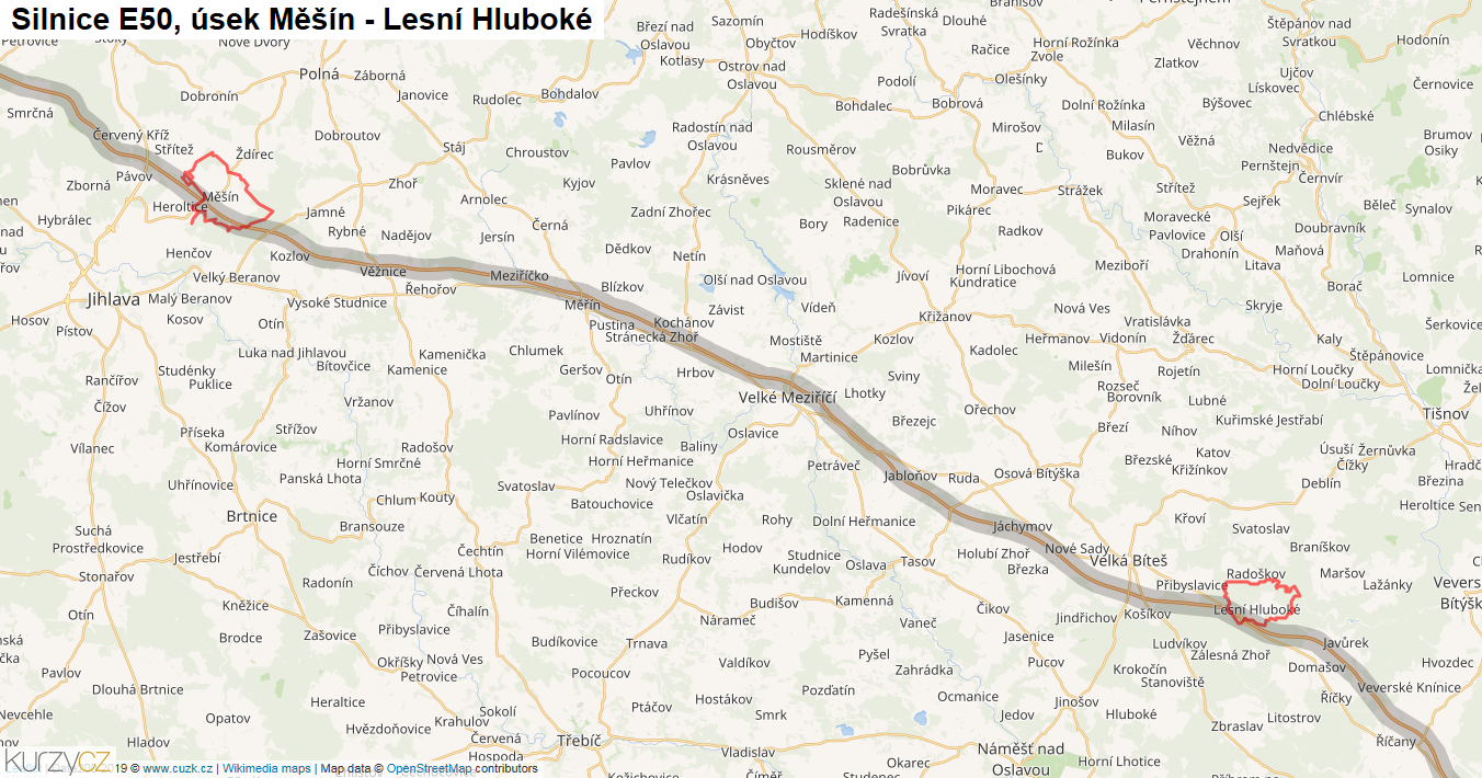 Úsek Měšín - Lesní Hluboké, Silnice E50 - Mapa