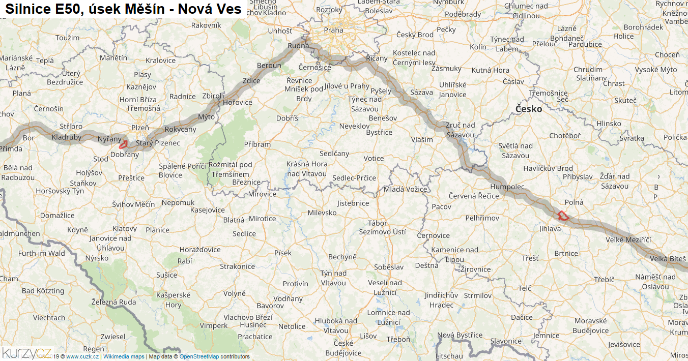 Úsek Měšín - Nová Ves, Silnice E50 - Mapa