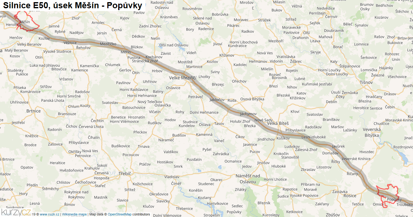 Úsek Měšín - Popůvky, Silnice E50 - Mapa
