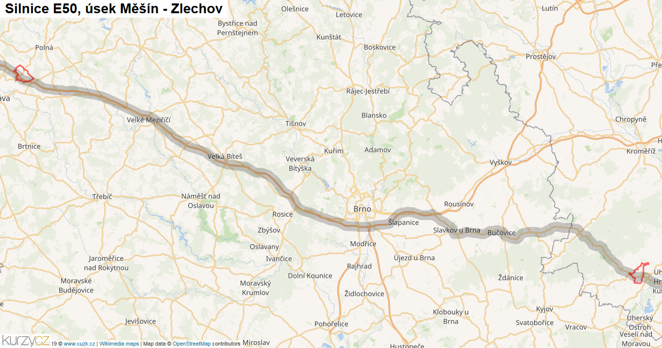 Úsek Měšín - Zlechov, Silnice E50 - Mapa