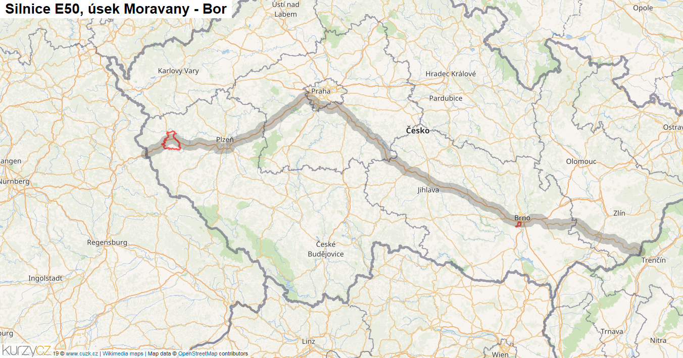 Úsek Moravany - Bor, Silnice E50 - Mapa
