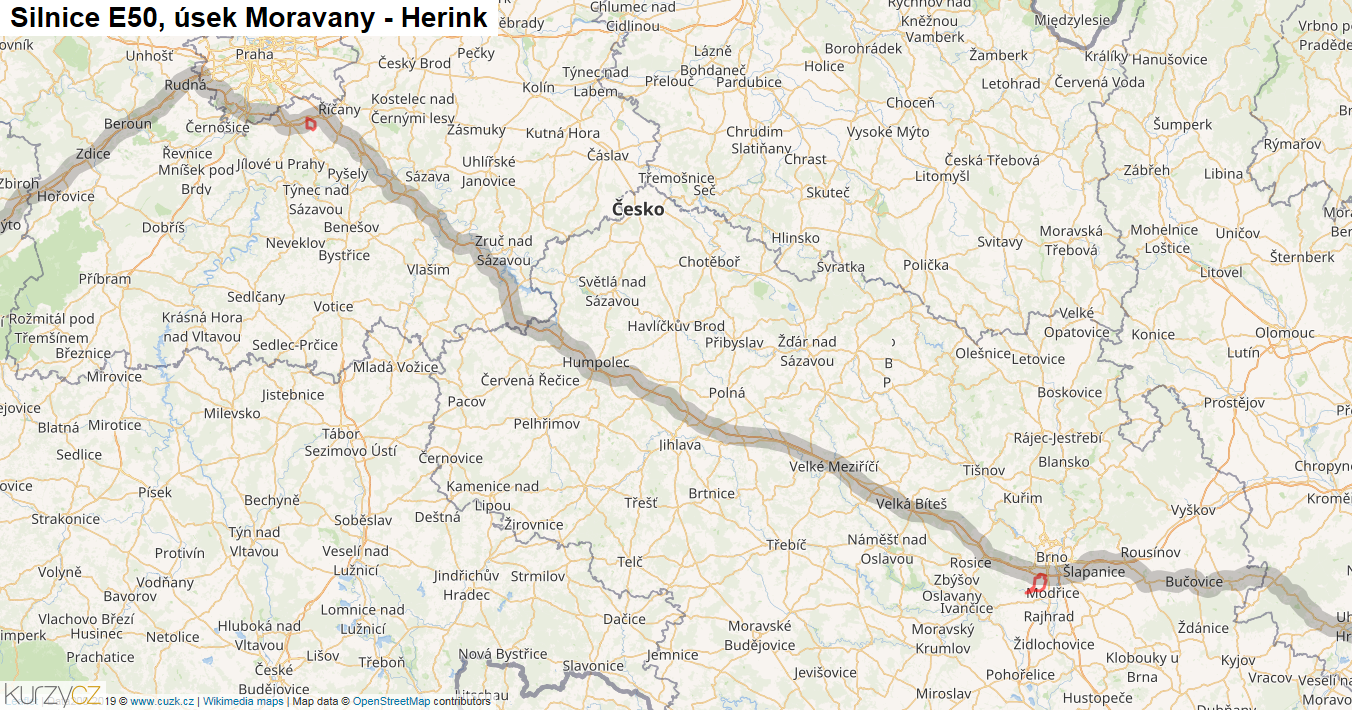 Úsek Moravany - Herink, Silnice E50 - Mapa