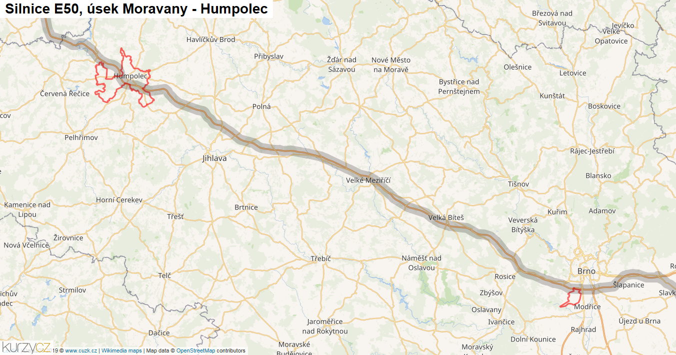 Úsek Moravany - Humpolec, Silnice E50 - Mapa
