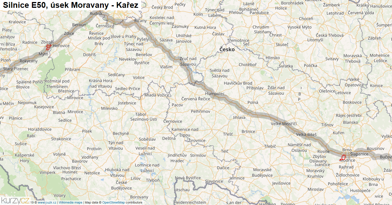 Úsek Moravany - Kařez, Silnice E50 - Mapa