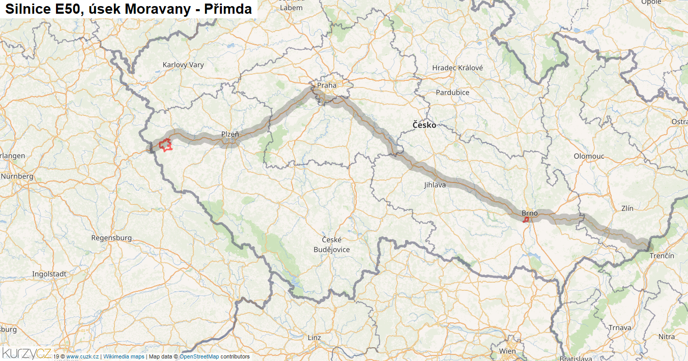 Úsek Moravany - Přimda, Silnice E50 - Mapa