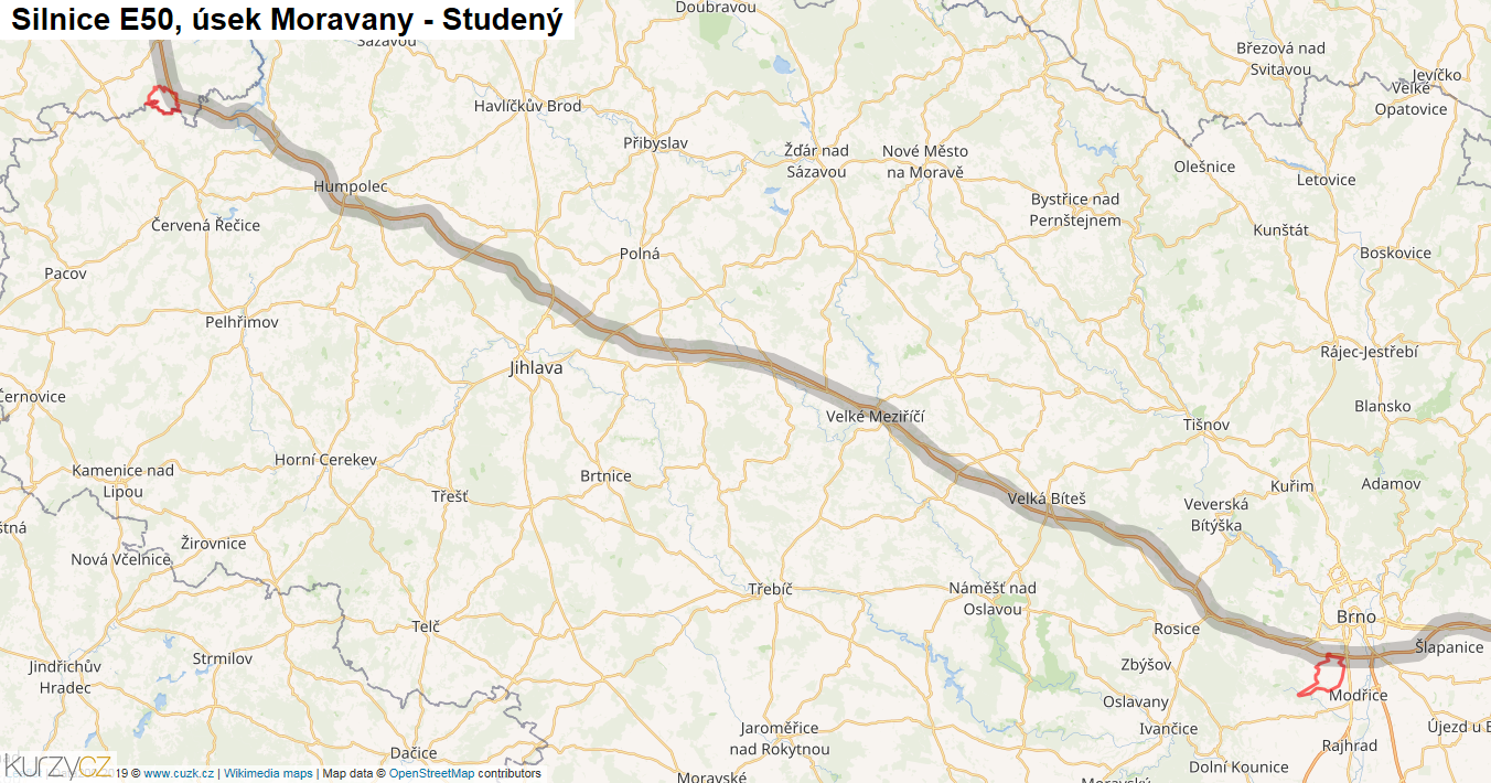 Úsek Moravany - Studený, Silnice E50 - Mapa