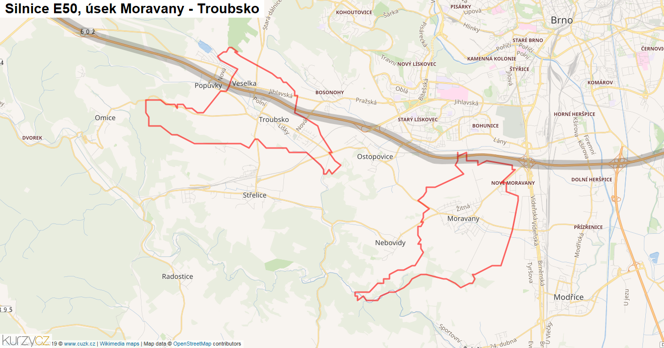 Úsek Moravany - Troubsko, Silnice E50 - Mapa