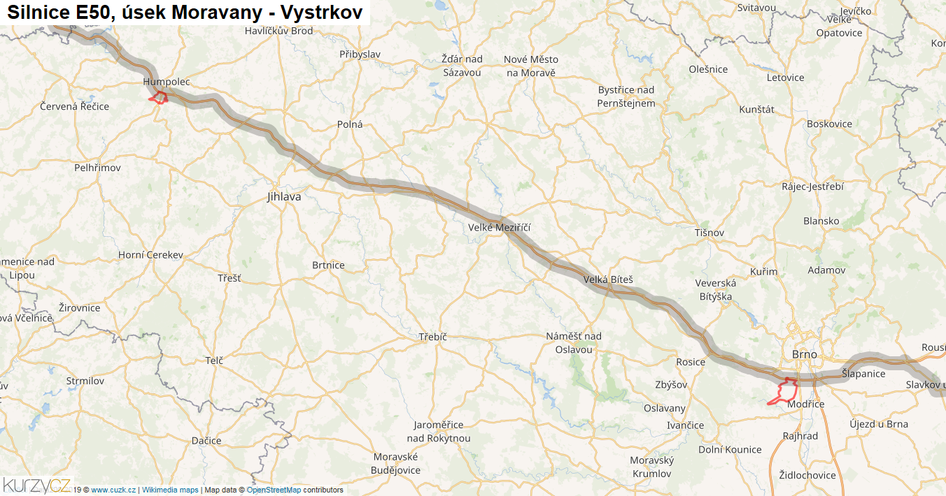 Úsek Moravany - Vystrkov, Silnice E50 - Mapa