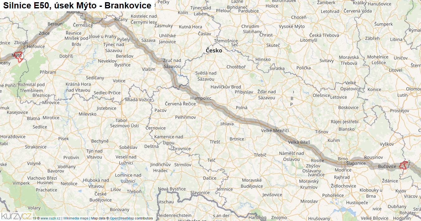 Úsek Mýto - Brankovice, Silnice E50 - Mapa
