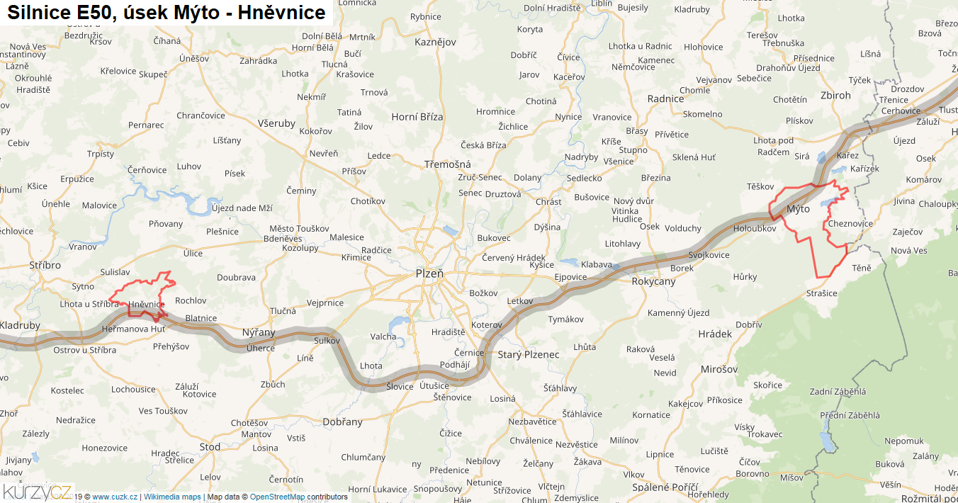 Úsek Mýto - Hněvnice, Silnice E50 - Mapa