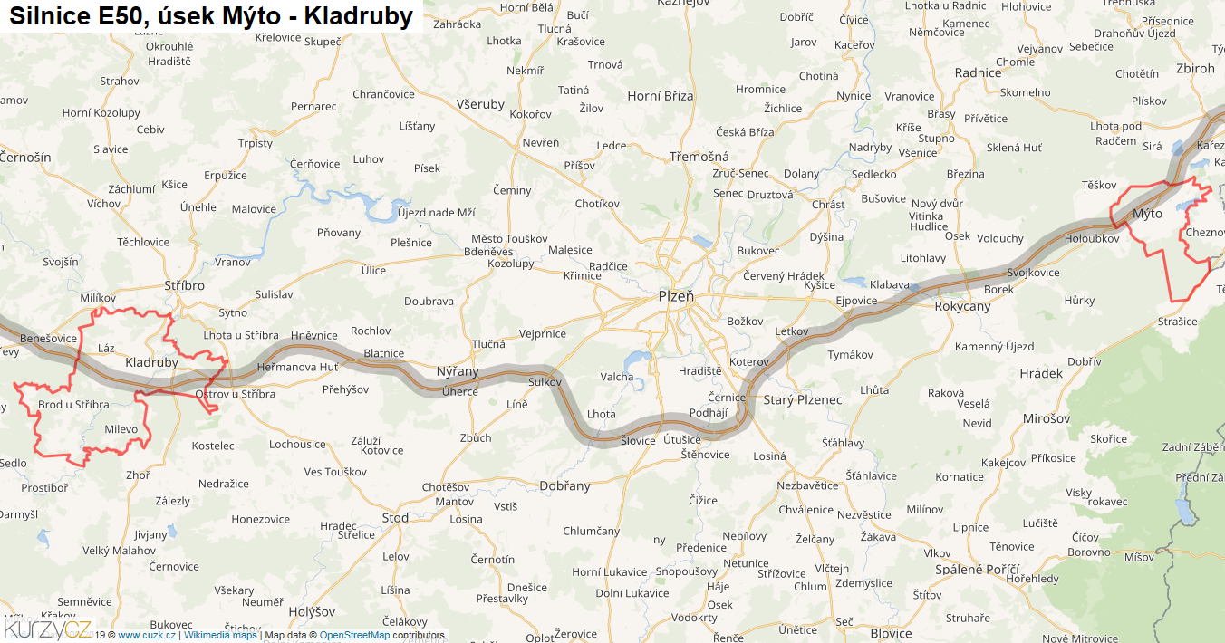 Úsek Mýto - Kladruby, Silnice E50 - Mapa