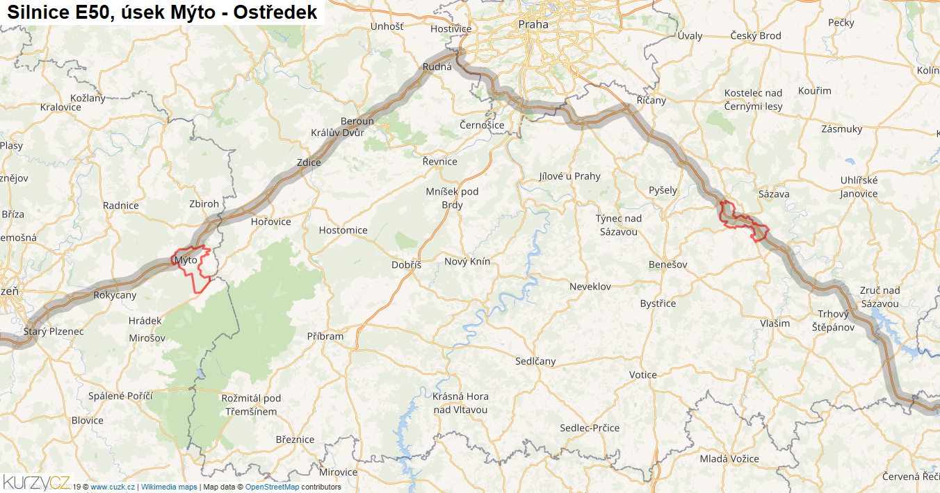 Úsek Mýto - Ostředek, Silnice E50 - Mapa
