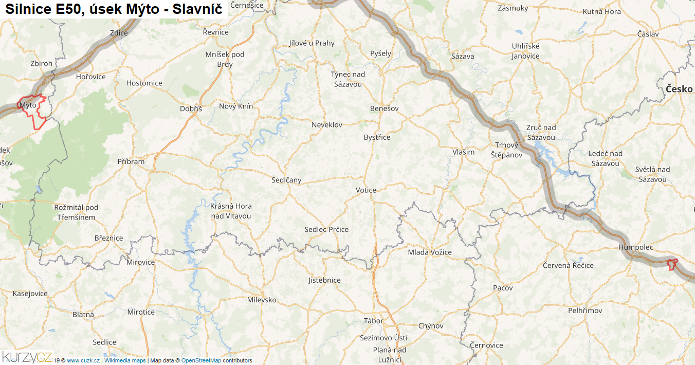Úsek Mýto - Slavníč, Silnice E50 - Mapa