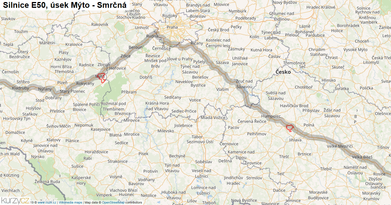 Úsek Mýto - Smrčná, Silnice E50 - Mapa