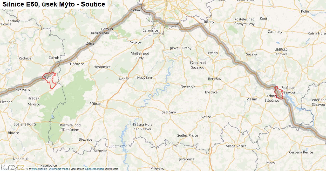 Úsek Mýto - Soutice, Silnice E50 - Mapa