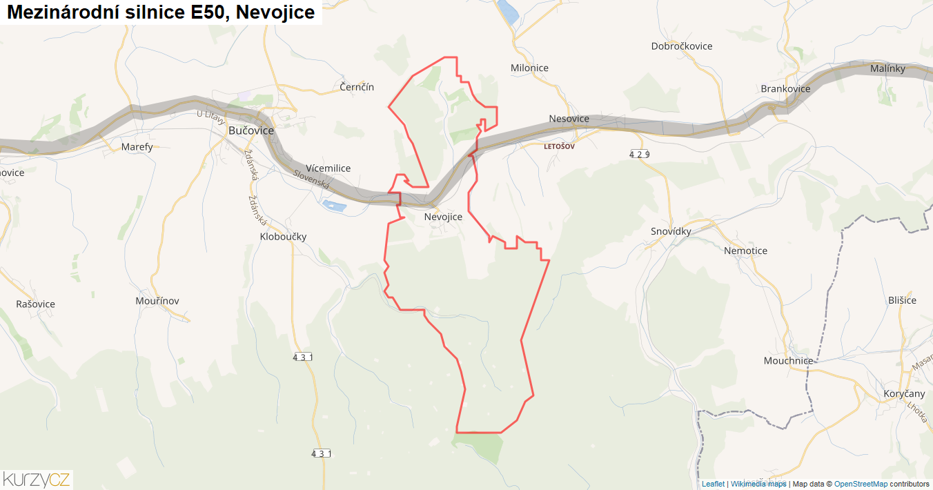 Nevojice, Silnice E50 - Mapa