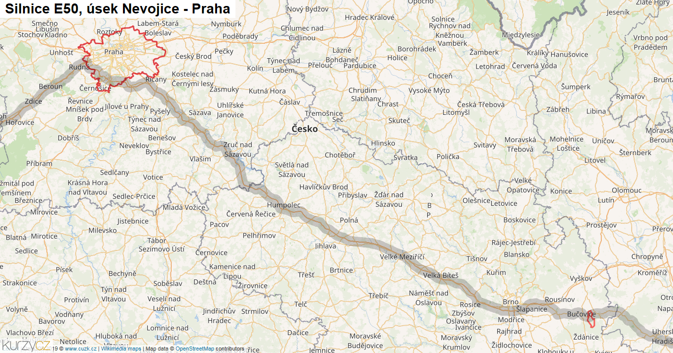 Úsek Nevojice - Praha, Silnice E50 - Mapa