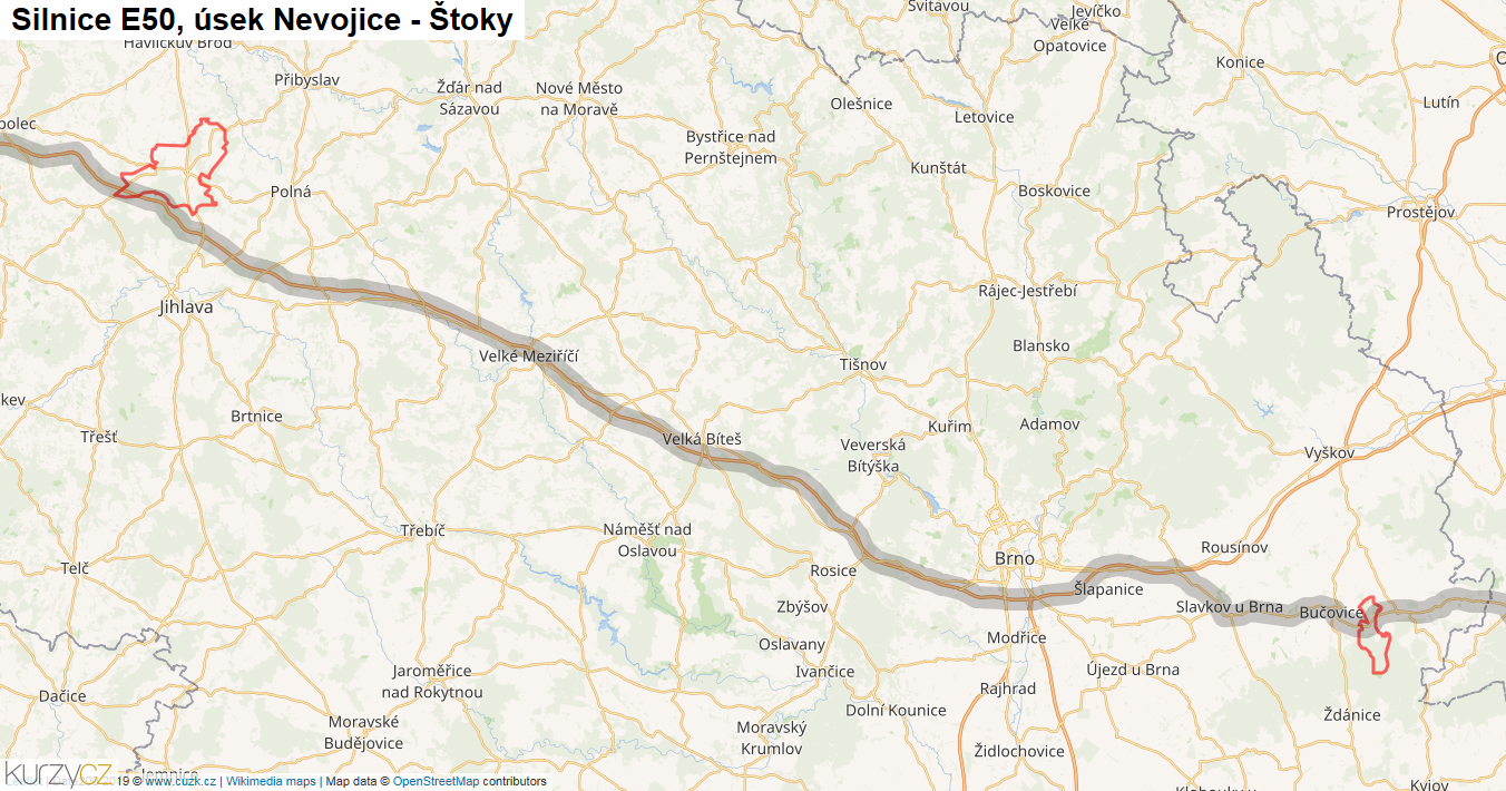 Úsek Nevojice - Štoky, Silnice E50 - Mapa