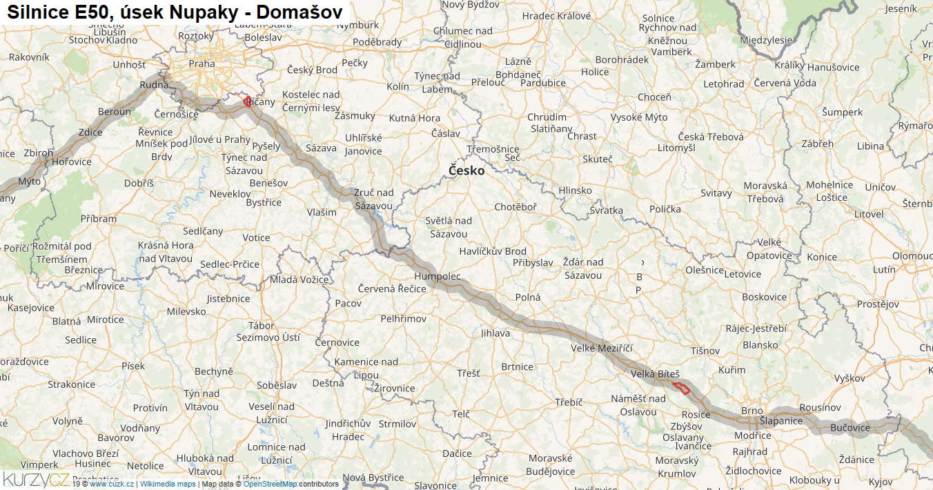 Úsek Nupaky - Domašov, Silnice E50 - Mapa