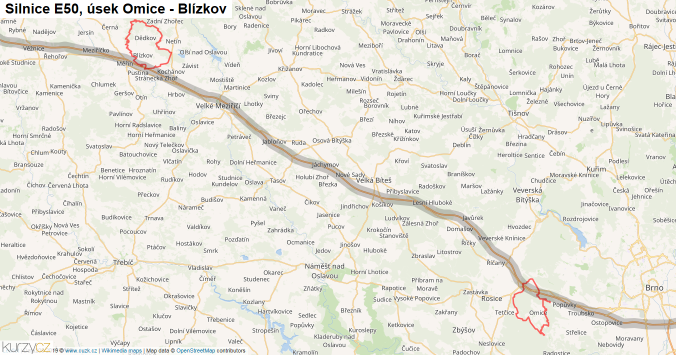 Úsek Omice - Blízkov, Silnice E50 - Mapa
