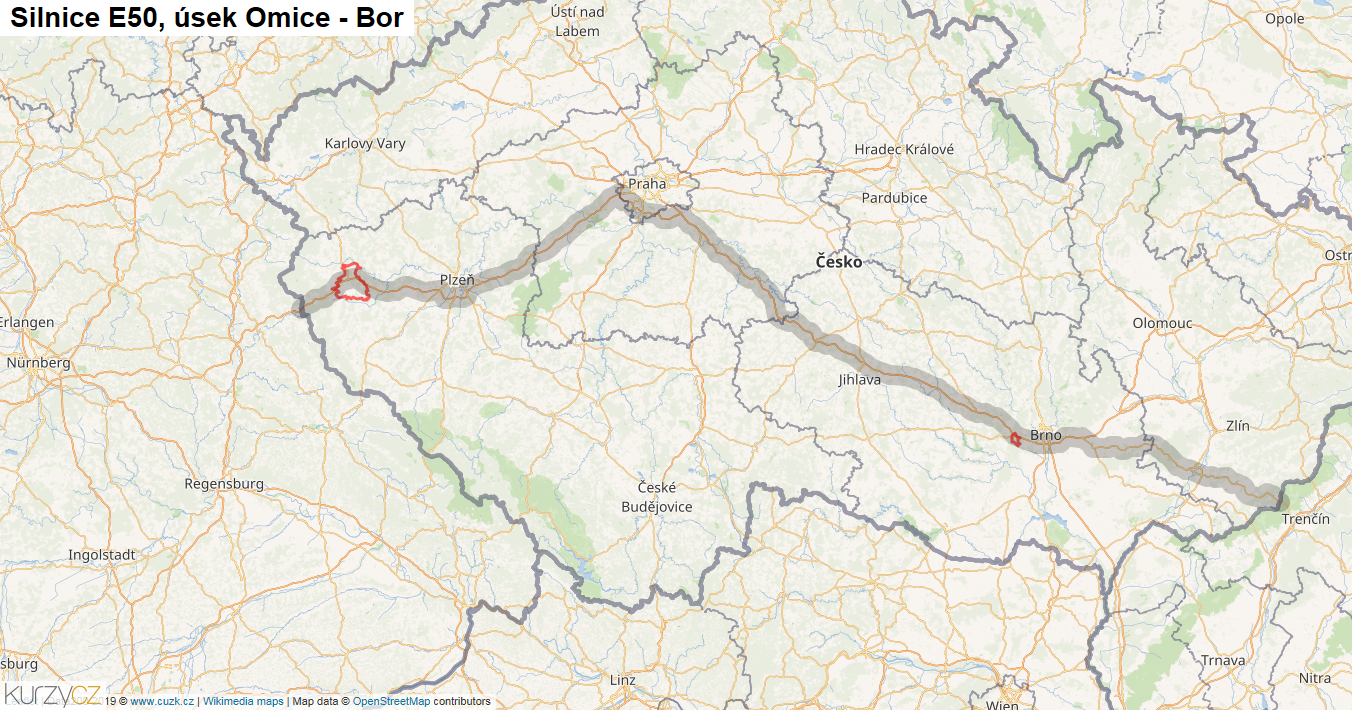 Úsek Omice - Bor, Silnice E50 - Mapa