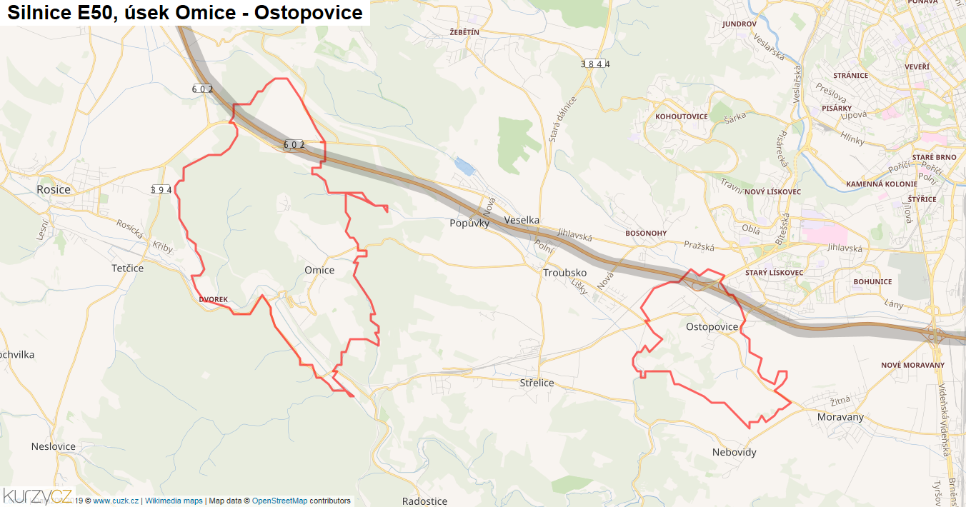 Úsek Omice - Ostopovice, Silnice E50 - Mapa