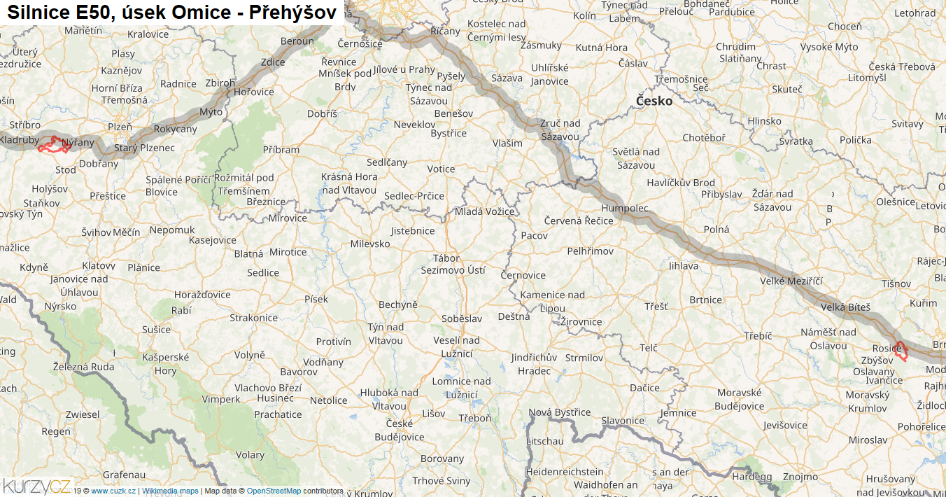 Úsek Omice - Přehýšov, Silnice E50 - Mapa