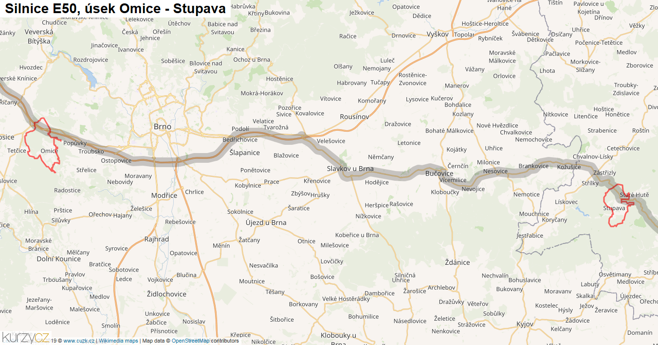 Úsek Omice - Stupava, Silnice E50 - Mapa