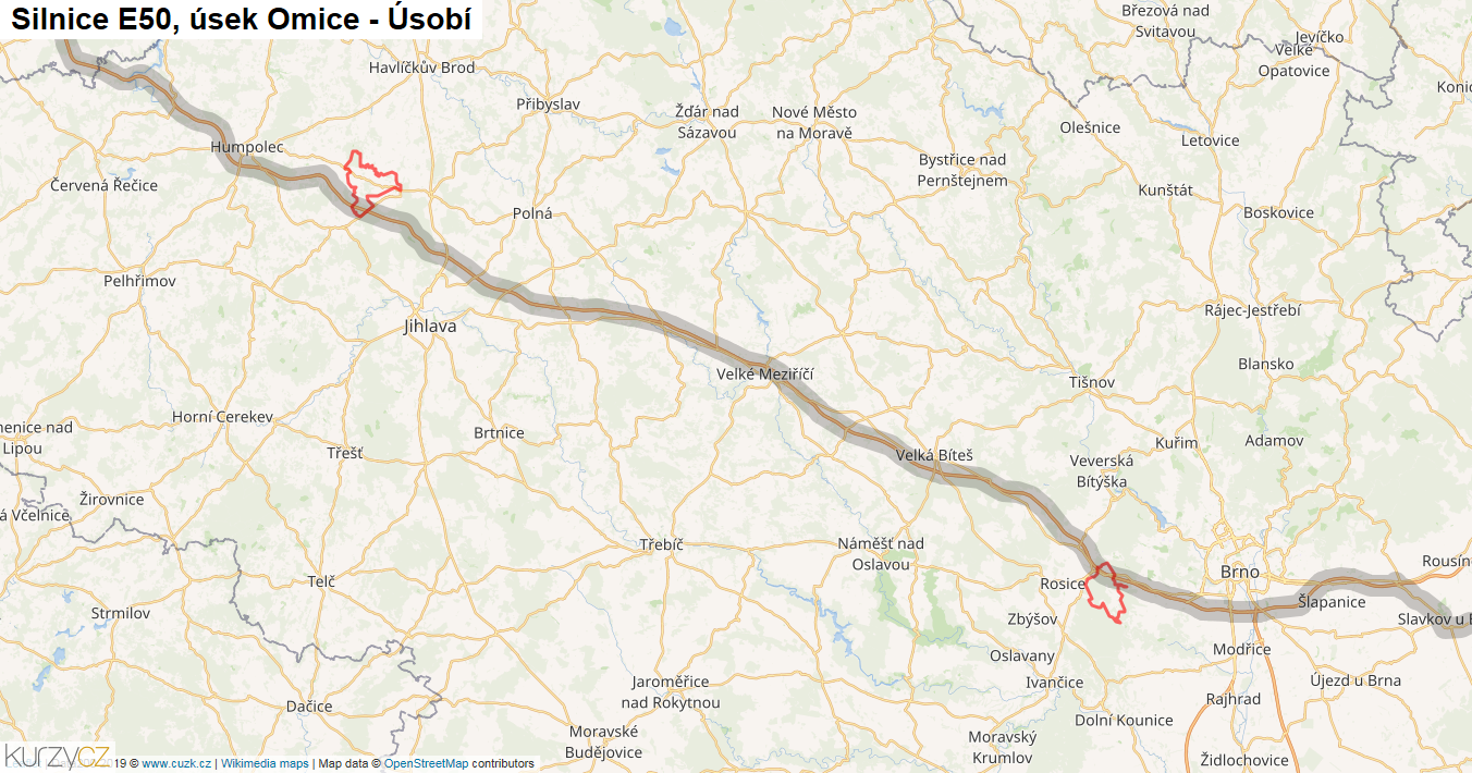 Úsek Omice - Úsobí, Silnice E50 - Mapa