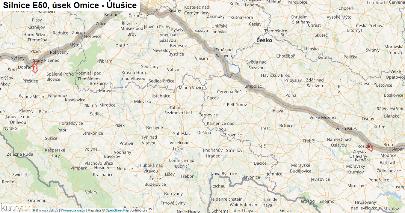 Úsek Omice - Útušice, Silnice E50 - Mapa